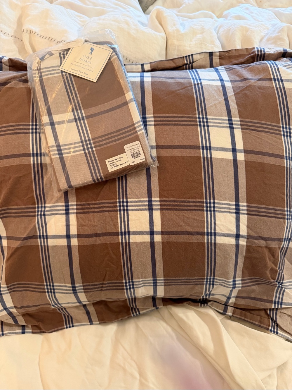 Pottery Barn Kids Brown, White and Blue Plaid Pillow Sham